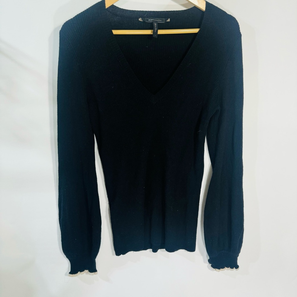 NEW BCBGMAXAZRIA Black Knit V-Neck Puff Sleeve Sweater Top